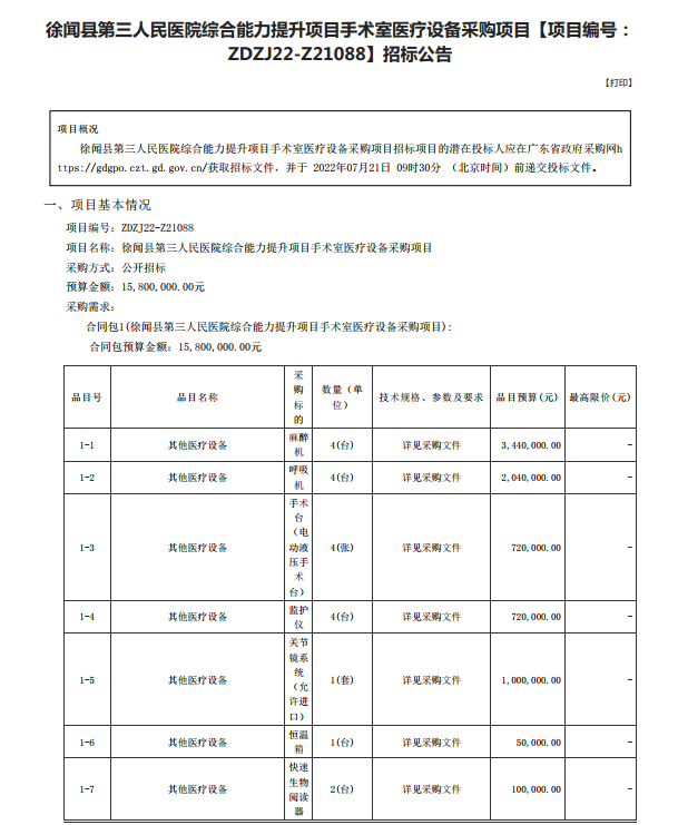 徐聞縣第三人民醫院綜合能力提升項目手術室醫療設備采購項目【項目編號： ZDZJ22-Z21088】招標公告(圖1)
